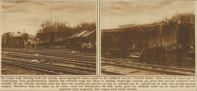 870720 Collage van 2 foto's betreffende het spoorwegongeval met twee goederentreinen boven de tunnel in de Leidseweg ...
